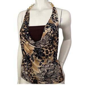 Papaya Y2K Halter Top Cowl Neck Leopard Floral Gold Chain McBling Whimsigoth M